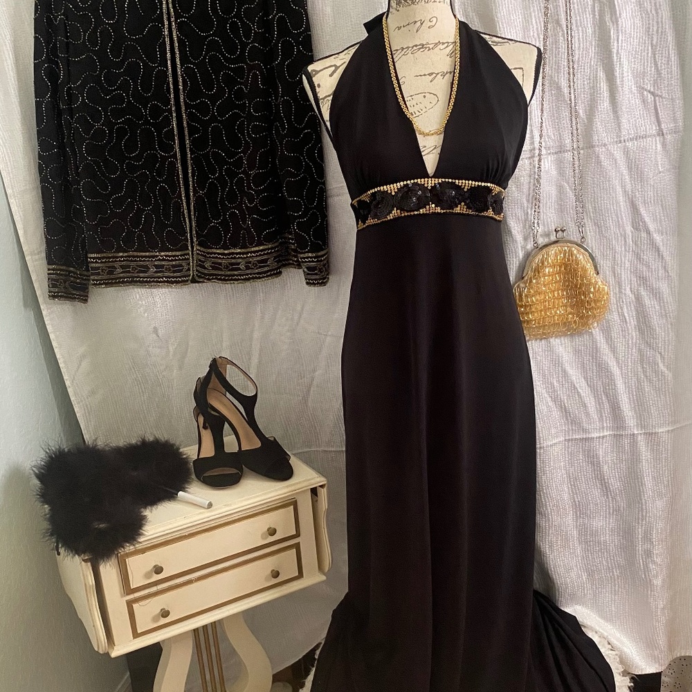 Veronica M, black halter gown. Size S